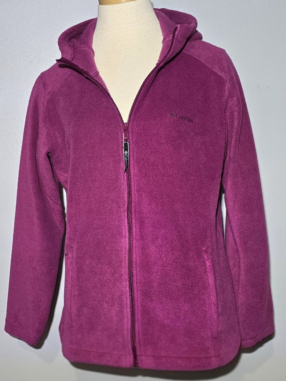 Columbia Hooded Fleece Full Zip Jacket Fuchsia Pink Zip Pockets Large